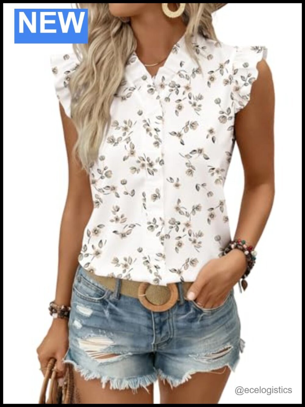 Floral Chiffon Blouse Ruffle Sleeve V Neck Tank Top Fitted Boho Chic